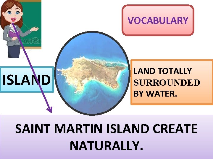 VOCABULARY ISLAND TOTALLY SURROUNDED BY WATER. SAINT MARTIN ISLAND CREATE NATURALLY. 