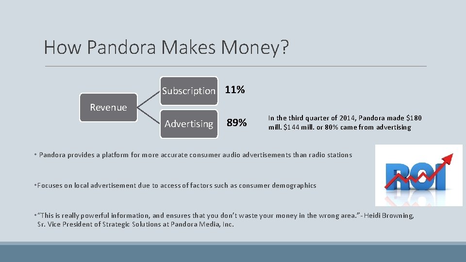 How Pandora Makes Money? Subscription 11% Revenue Advertising 89% In the third quarter of