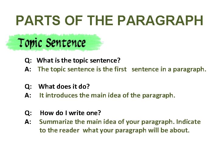 PARTS OF THE PARAGRAPH Q: What is the topic sentence? A: The topic sentence