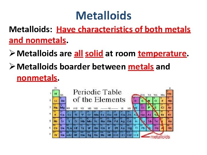 Metalloids: Have characteristics of both metals and nonmetals. Ø Metalloids are all solid at