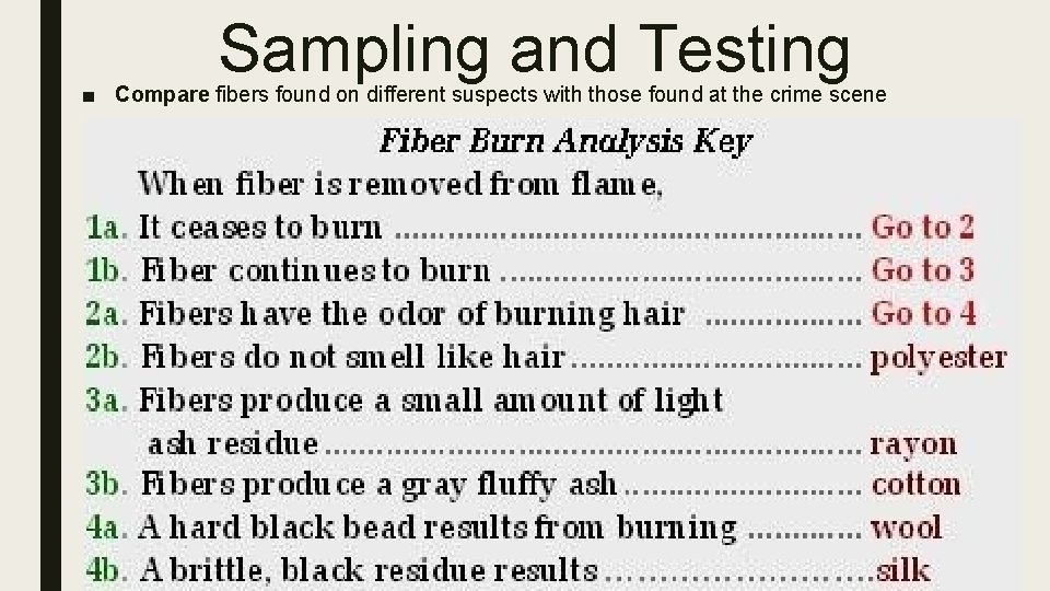 Sampling and Testing ■ Compare fibers found on different suspects with those found at