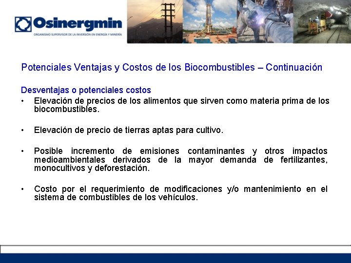 Potenciales Ventajas y Costos de los Biocombustibles – Continuación Desventajas o potenciales costos •