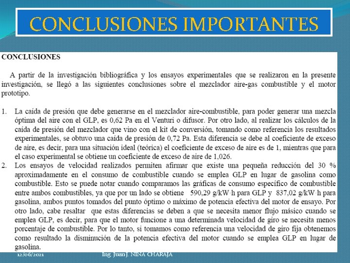 CONCLUSIONES IMPORTANTES 12/06/2021 Ing. Juan J. NINA CHARAJA 