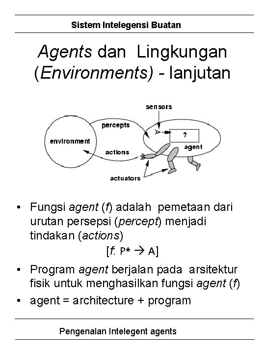 Sistem Intelegensi Buatan Agents dan Lingkungan (Environments) - lanjutan • Fungsi agent (f) adalah