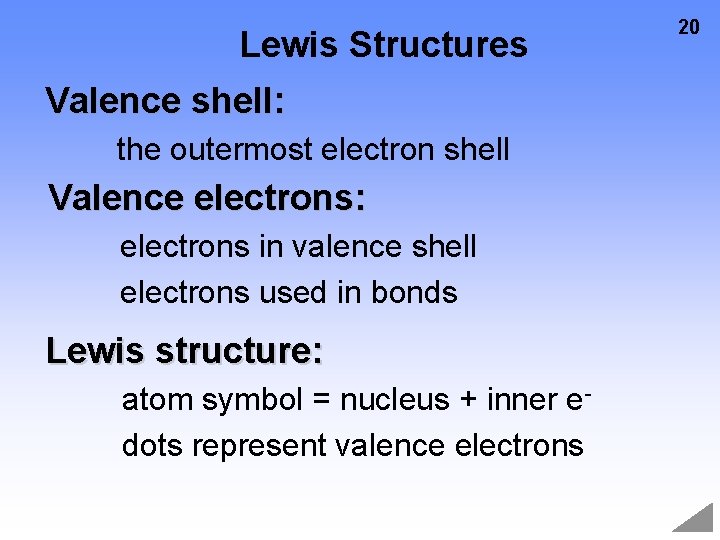Lewis Structures Valence shell: the outermost electron shell Valence electrons: electrons in valence shell Lewis Structures Valence shell: the outermost electron shell Valence electrons: electrons in valence shell