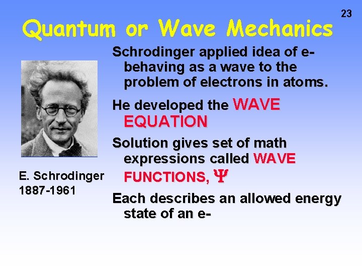 Quantum or Wave Mechanics 23 Schrodinger applied idea of ebehaving as a wave to Quantum or Wave Mechanics 23 Schrodinger applied idea of ebehaving as a wave to
