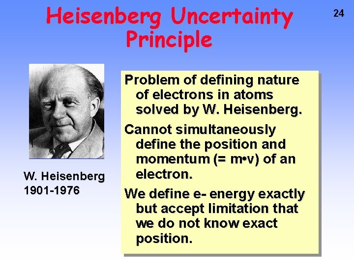Heisenberg Uncertainty Principle W. Heisenberg 1901 -1976 Problem of defining nature of electrons in Heisenberg Uncertainty Principle W. Heisenberg 1901 -1976 Problem of defining nature of electrons in