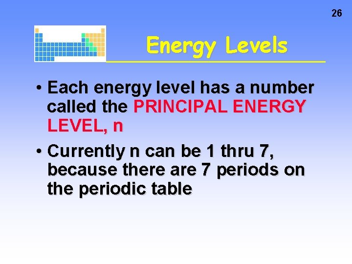 26 Energy Levels • Each energy level has a number called the PRINCIPAL ENERGY 26 Energy Levels • Each energy level has a number called the PRINCIPAL ENERGY