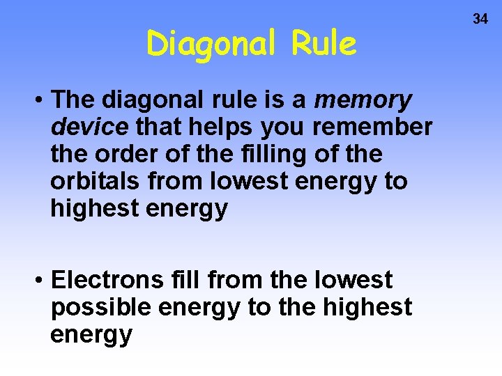 Diagonal Rule • The diagonal rule is a memory device that helps you remember Diagonal Rule • The diagonal rule is a memory device that helps you remember