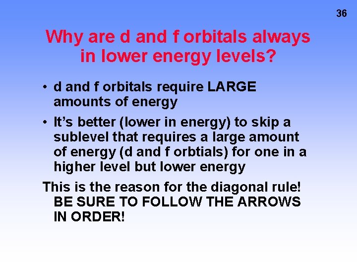 36 Why are d and f orbitals always in lower energy levels? • d 36 Why are d and f orbitals always in lower energy levels? • d