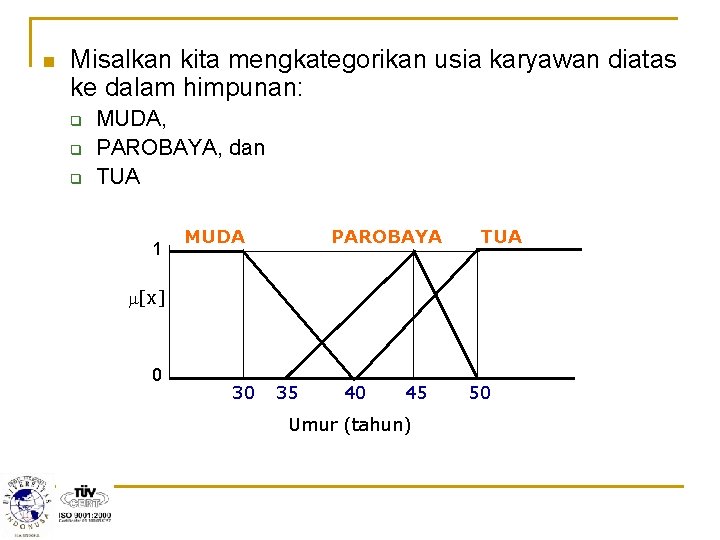 n Misalkan kita mengkategorikan usia karyawan diatas ke dalam himpunan: q q q MUDA,