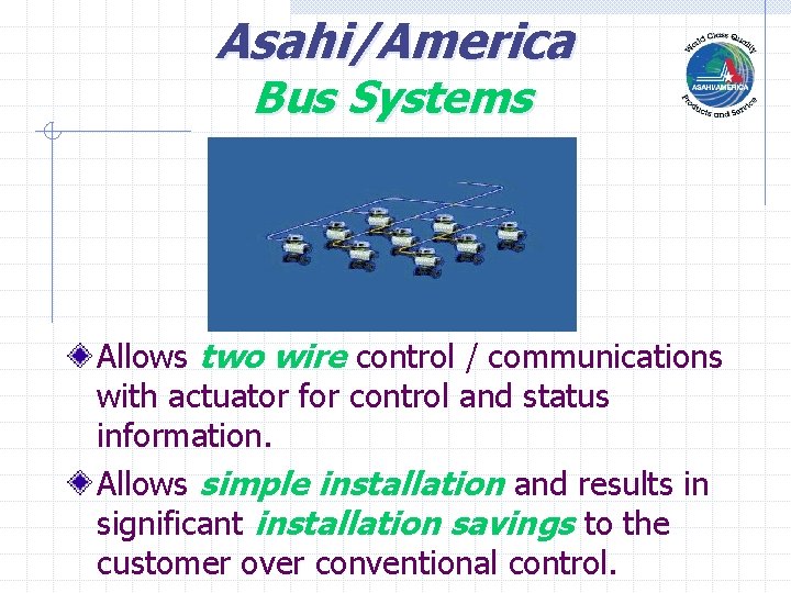 Asahi/America Bus Systems Allows two wire control / communications with actuator for control and