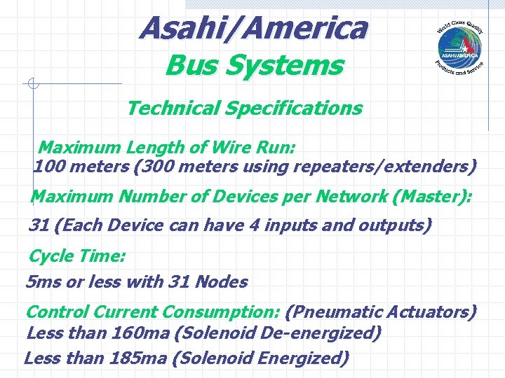 Asahi/America Bus Systems Technical Specifications Maximum Length of Wire Run: 100 meters (300 meters