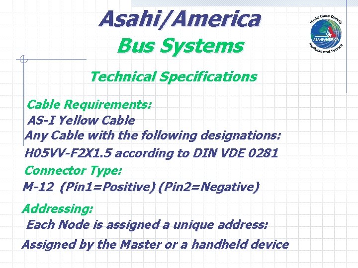 Asahi/America Bus Systems Technical Specifications Cable Requirements: AS-I Yellow Cable Any Cable with the