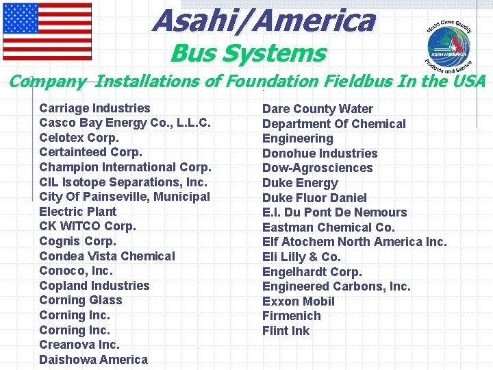 Asahi/America Bus Systems Company Installations of Foundation Fieldbus In the USA. Carriage Industries Casco