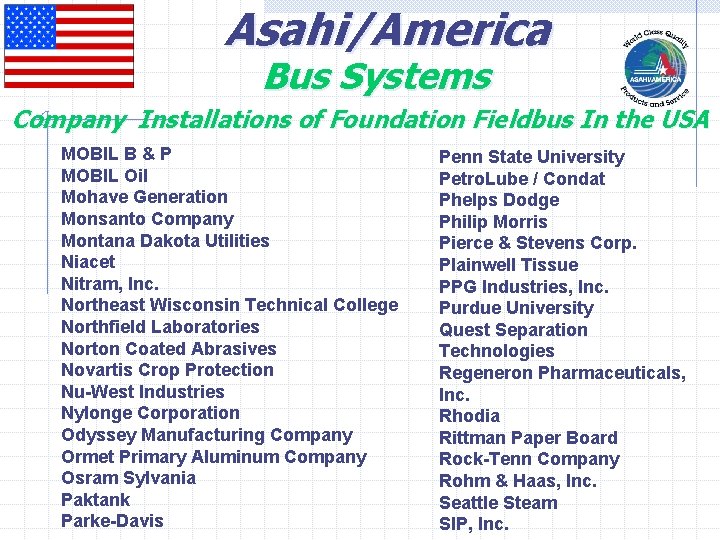 Asahi/America Bus Systems Company Installations of Foundation Fieldbus In the USA MOBIL B &