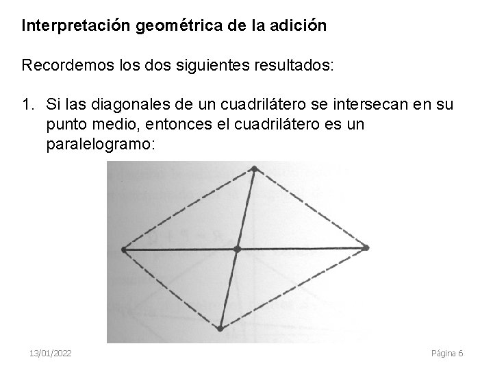 Interpretación geométrica de la adición Recordemos los dos siguientes resultados: 1. Si las diagonales