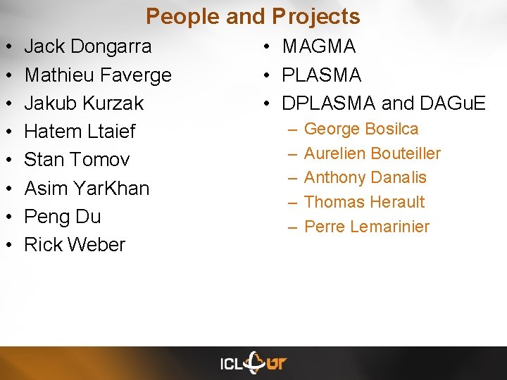People and Projects • • Jack Dongarra Mathieu Faverge Jakub Kurzak Hatem Ltaief Stan