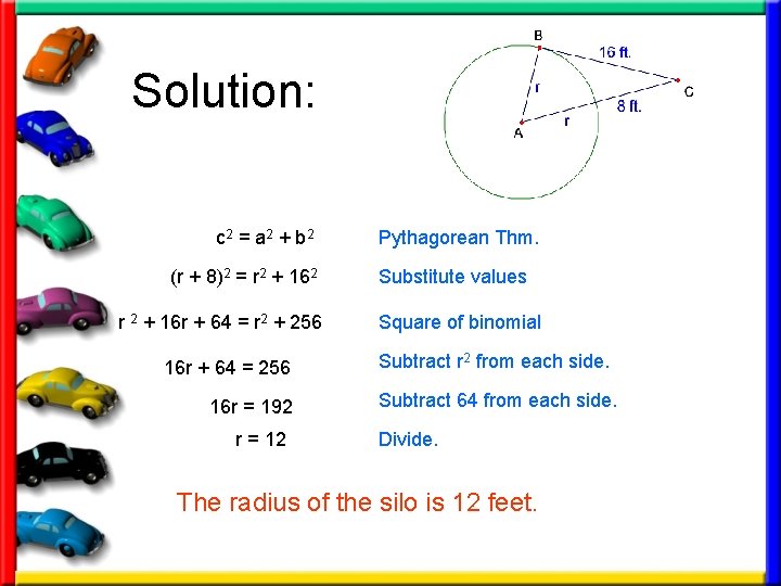 Solution: c 2 = a 2 + b 2 (r + 8)2 = r