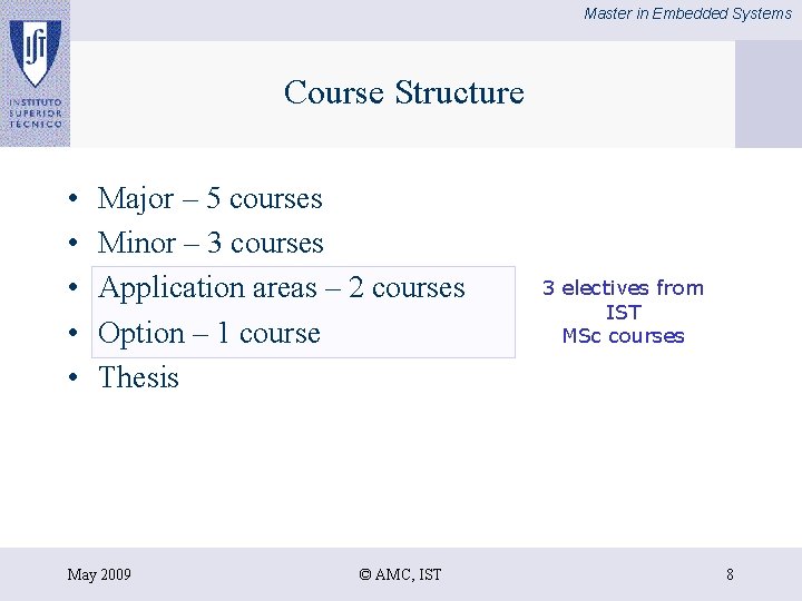 Master in Embedded Systems Course Structure • • • Major – 5 courses Minor
