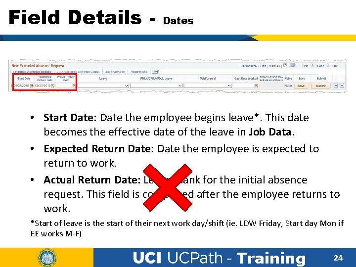 Field Details - Dates • Start Date: Date the employee begins leave*. This date