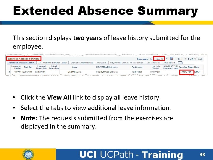 Extended Absence Summary This section displays two years of leave history submitted for the