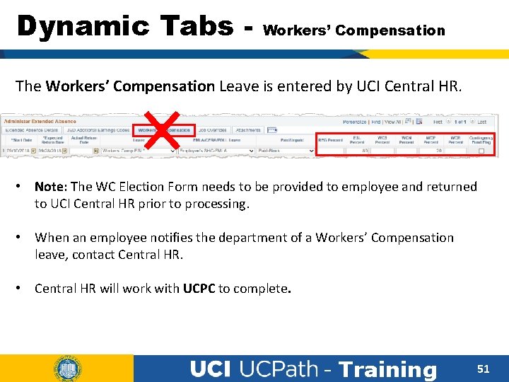 Dynamic Tabs - Workers’ Compensation The Workers’ Compensation Leave is entered by UCI Central