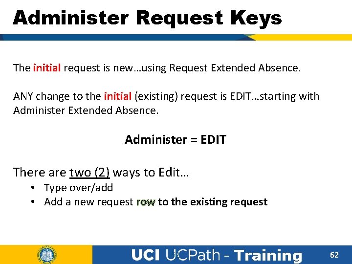 Administer Request Keys The initial request is new…using Request Extended Absence. ANY change to