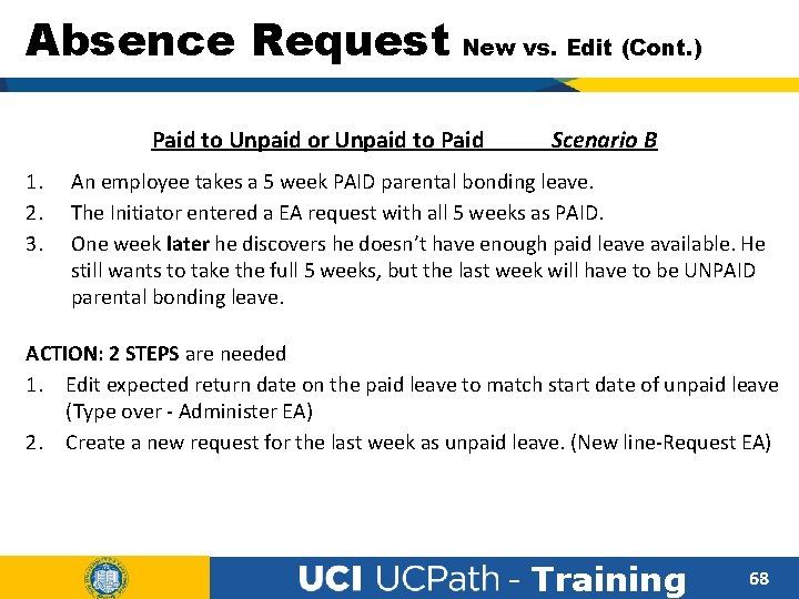 Absence Request New vs. Edit (Cont. ) Paid to Unpaid or Unpaid to Paid