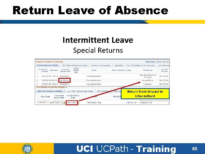 Return Leave of Absence Intermittent Leave Special Returns Return from Unpaid to Intermittent 85