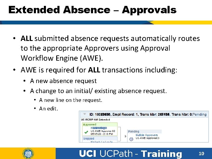 Extended Absence – Approvals • ALL submitted absence requests automatically routes to the appropriate