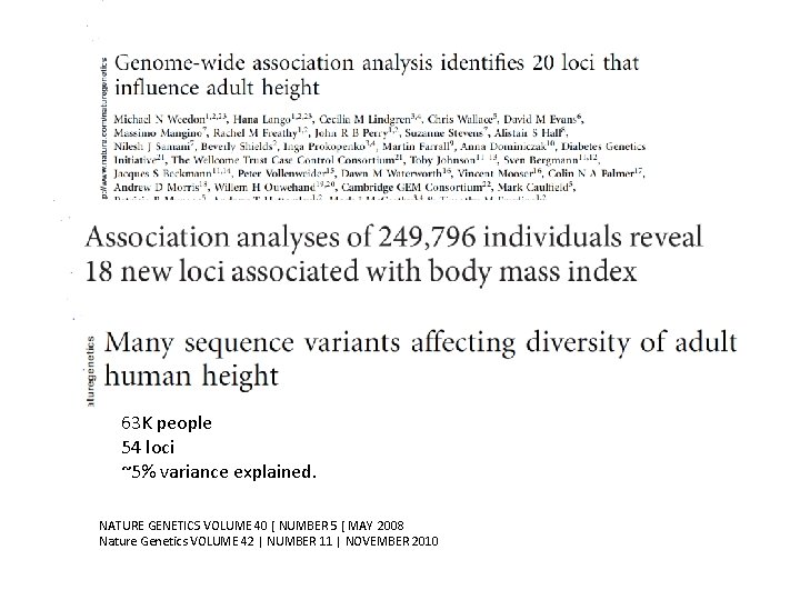 63 K people 54 loci ~5% variance explained. NATURE GENETICS VOLUME 40 [ NUMBER