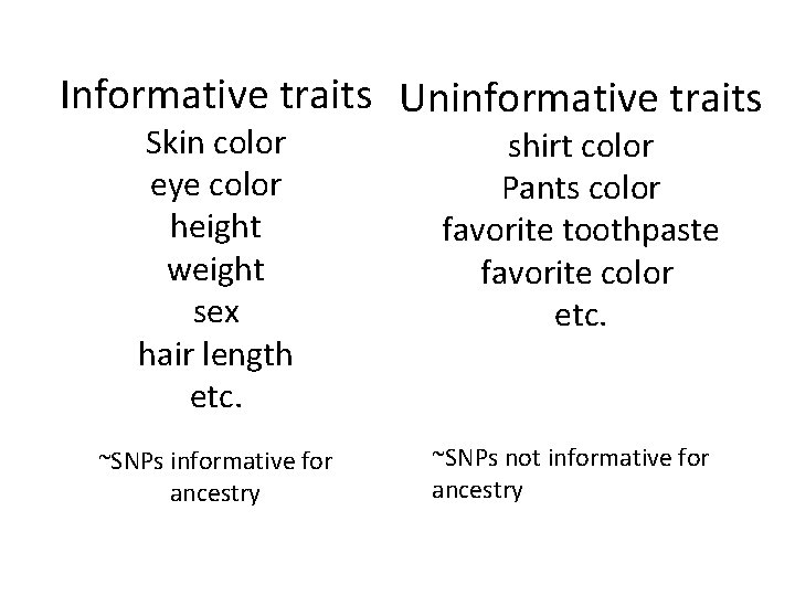 Informative traits Uninformative traits Skin color eye color height weight sex hair length etc.