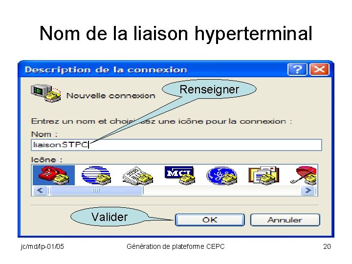 Nom de la liaison hyperterminal Renseigner Valider jc/md/lp-01/05 Génération de plateforme CEPC 20 