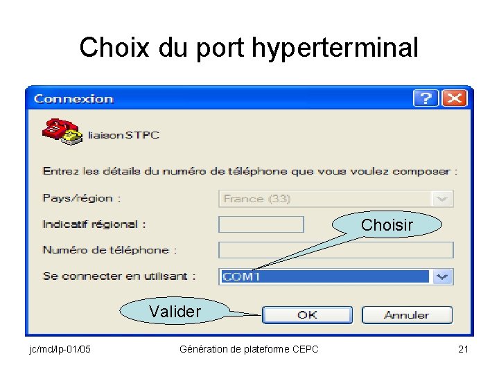 Choix du port hyperterminal Choisir Valider jc/md/lp-01/05 Génération de plateforme CEPC 21 