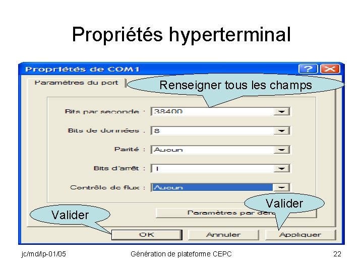 Propriétés hyperterminal Renseigner tous les champs Valider jc/md/lp-01/05 Génération de plateforme CEPC 22 