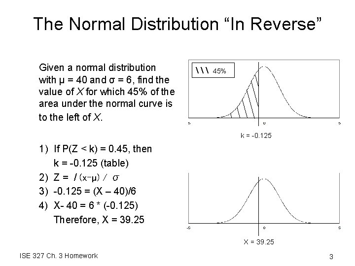 The Normal Distribution “In Reverse” Given a normal distribution with μ = 40 and