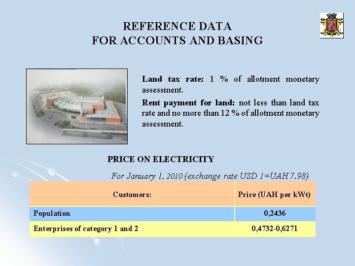 REFERENCE DATA FOR ACCOUNTS AND BASING Land tax rate: 1 % of allotment monetary