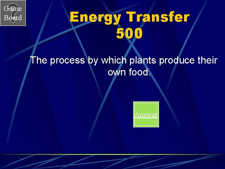 Game Board Energy Transfer 500 The process by which plants produce their own food.