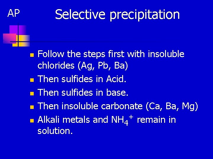 Selective precipitation AP n n n Follow the steps first with insoluble chlorides (Ag,