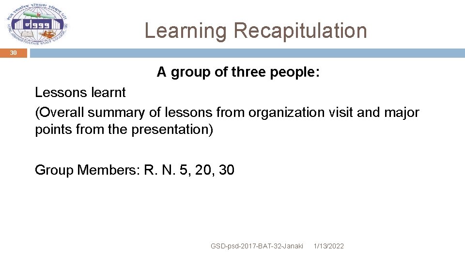 Learning Recapitulation 30 A group of three people: Lessons learnt (Overall summary of lessons