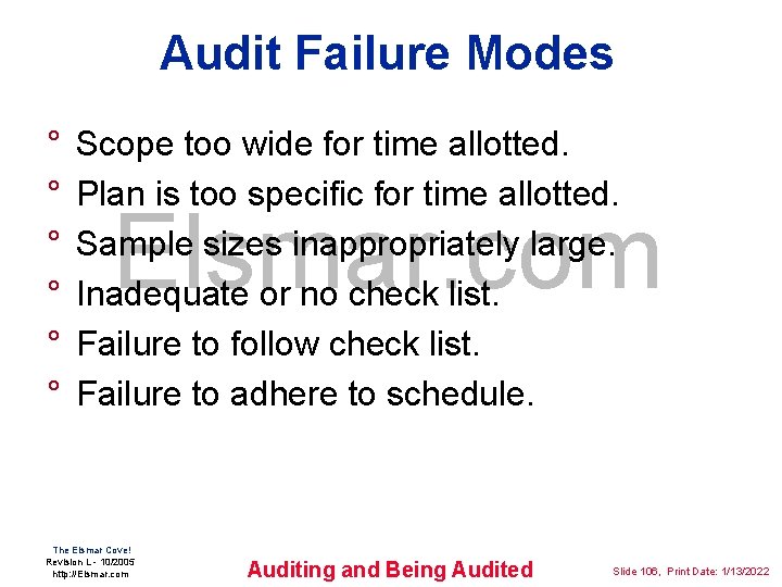 Audit Failure Modes ° ° ° Scope too wide for time allotted. Plan is