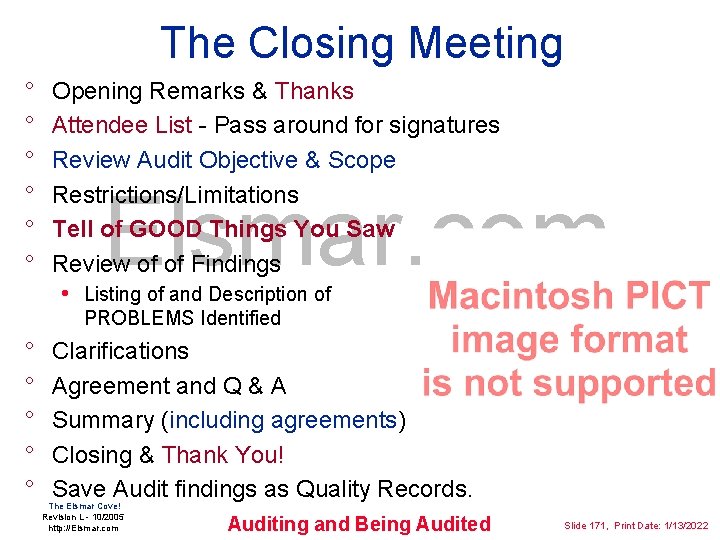 The Closing Meeting ° ° ° Opening Remarks & Thanks Attendee List - Pass