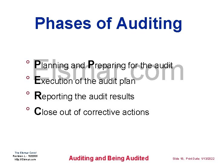 Phases of Auditing ° ° Elsmar. com Planning and Preparing for the audit Execution