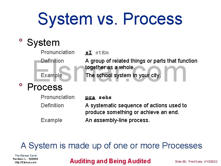 System vs. Process ° System Pronunciation s. I st. Em Definition A group of