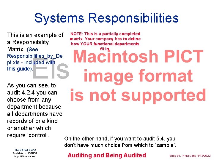Systems Responsibilities This is an example of a Responsibility Matrix. (See NOTE: This is
