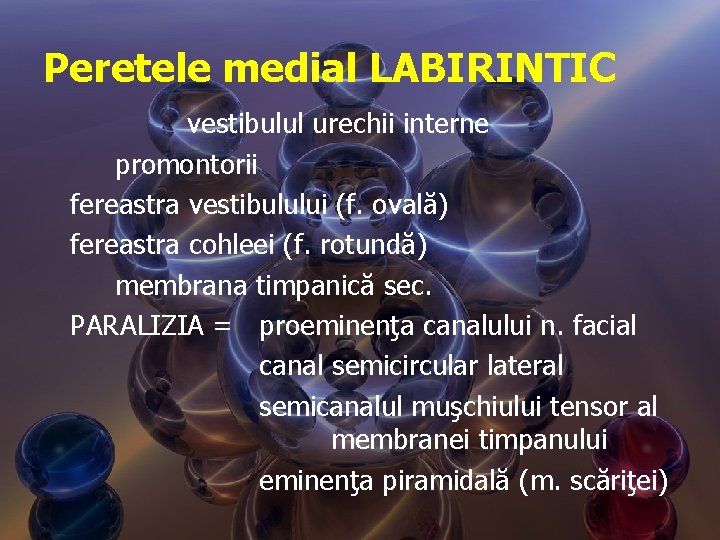 Peretele medial LABIRINTIC vestibulul urechii interne promontorii fereastra vestibulului (f. ovală) fereastra cohleei (f.