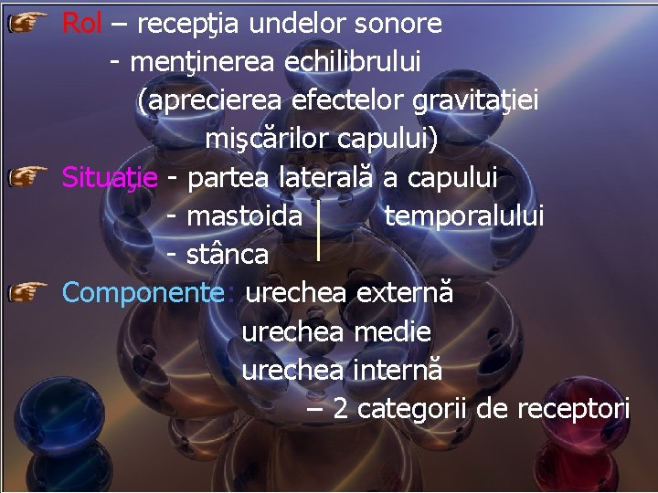 Rol – recepţia undelor sonore - menţinerea echilibrului (aprecierea efectelor gravitaţiei mişcărilor capului) Situaţie