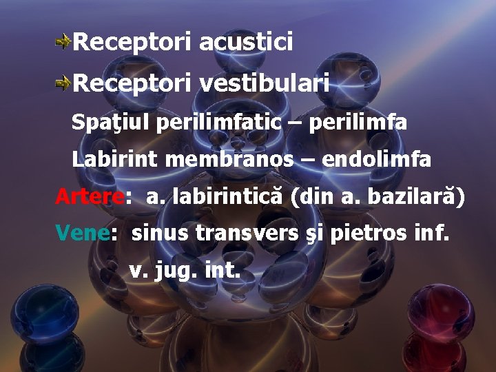 Receptori acustici Receptori vestibulari Spaţiul perilimfatic – perilimfa Labirint membranos – endolimfa Artere: a.