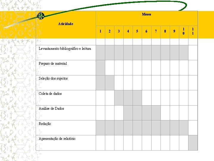 Meses Atividade 1 Levantamento bibliográfico e leitura Preparo de material Seleção dos sujeitos Coleta